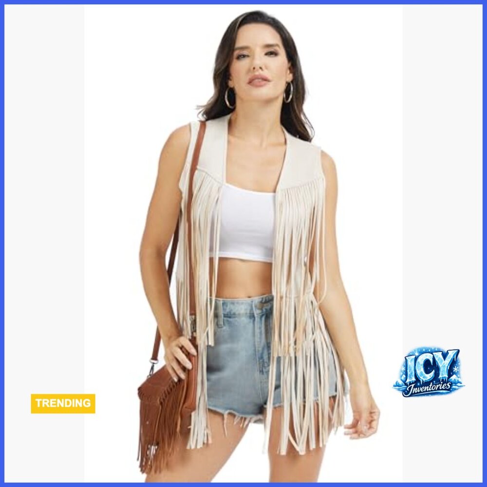 Faux Suede Fringe Vest Western Cowgirl Tassel Top - Picture 2 of 6